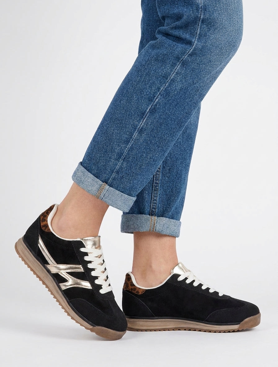 Zapatillas de gamuza con contrafuerte estampado de leopardo - Negro
