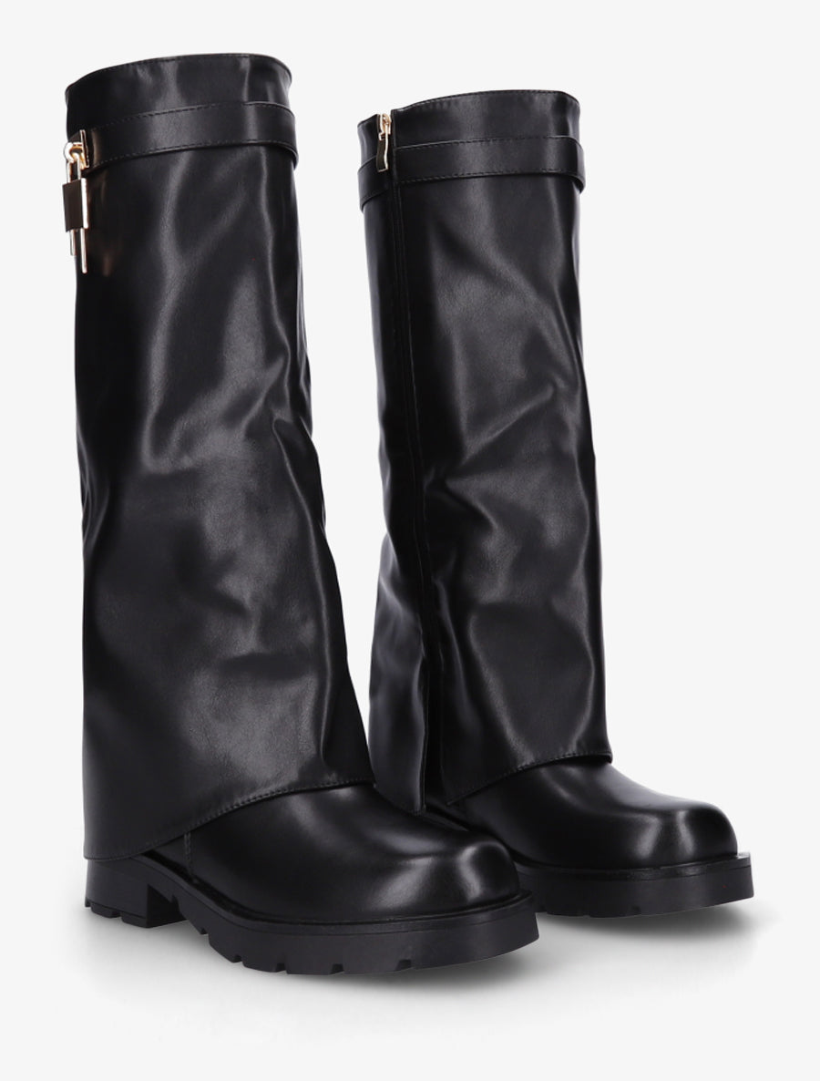 Bottes en simili à revers et bijou cadenas - Noir - 4