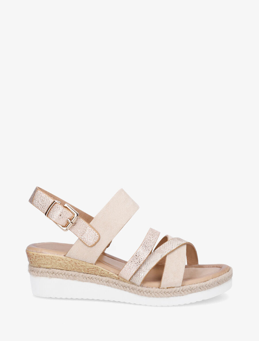 Sandales compensées en simili et suédine - Beige - 5