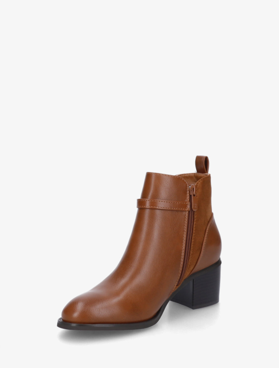 Bottines bimatière à boucle strassée - Camel - 3