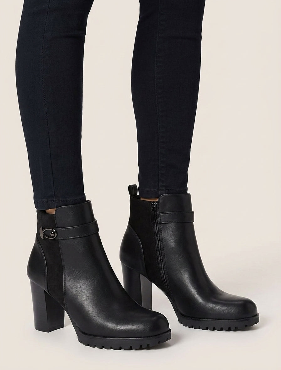 Botines con inserciones de ante y tacón alto - Negro