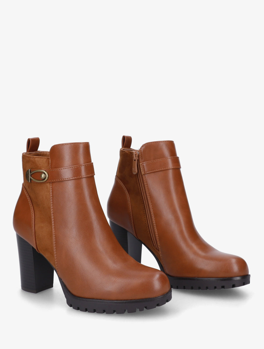 Bottines à empiècement en suédine et talon haut - Camel - 4