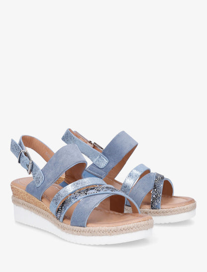Sandales compensées en simili et suédine - Bleu - 4
