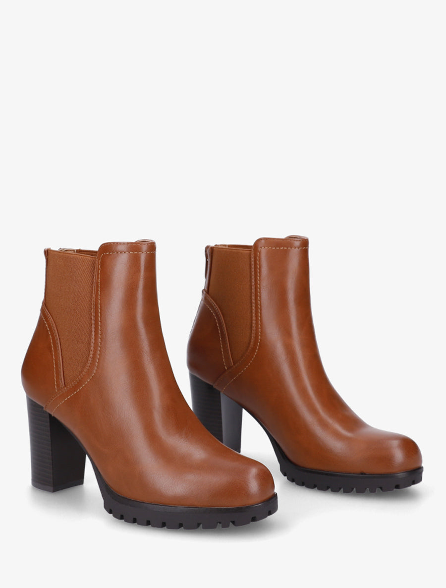 Bottines à talon haut et semelle crantée en simili - Camel - 4
