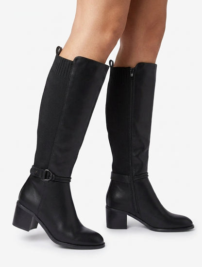 Botas de imitación y tela con hebilla redonda - Negro