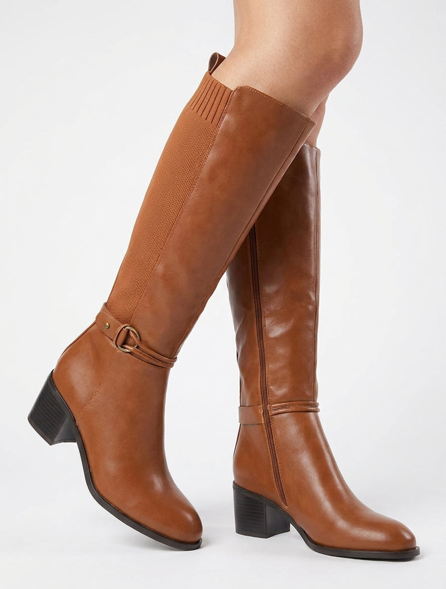Botas de imitación y tela con hebilla redonda - Camello