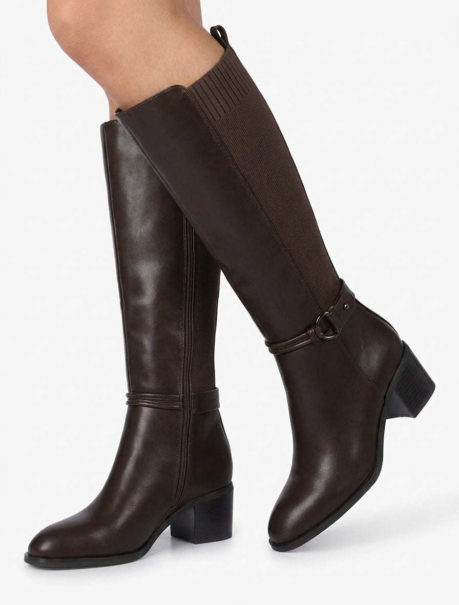 Botas de imitación y tela con hebilla redonda - Marrón