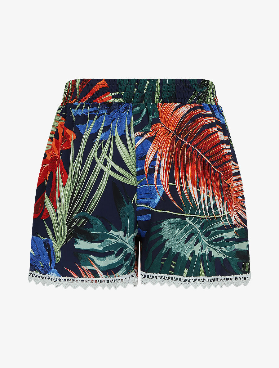 Short imprimé jungle tropicale à bords en crochet - Marine - 2