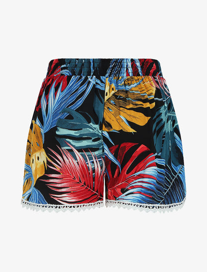 Short imprimé jungle tropicale à bords en crochet - Noir - 2