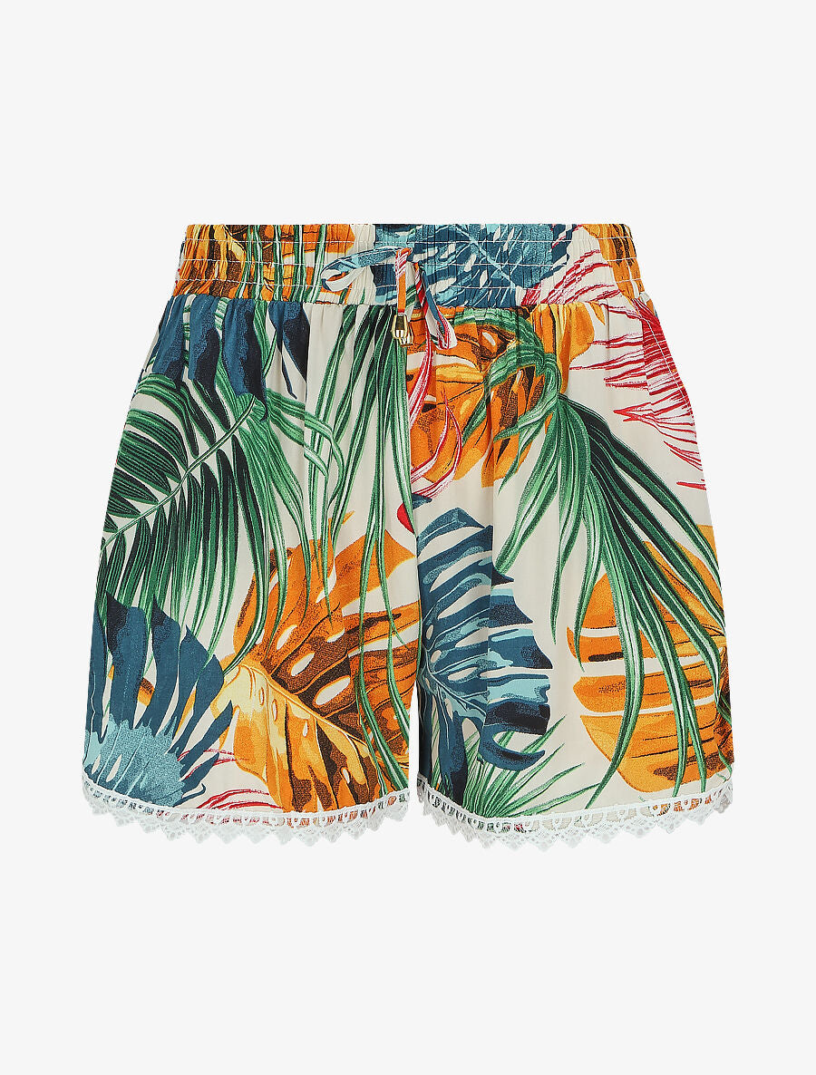 Short imprimé jungle tropicale à bords en crochet - Beige - 1