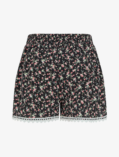 Short imprimé petites fleurs à bords en crochet - Noir - 2