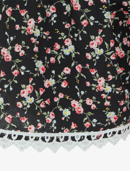 Short imprimé petites fleurs à bords en crochet - Noir - 3