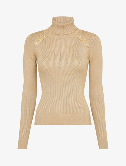 Pull côtelé à col roulé et boutons décoratifs - Beige - 1