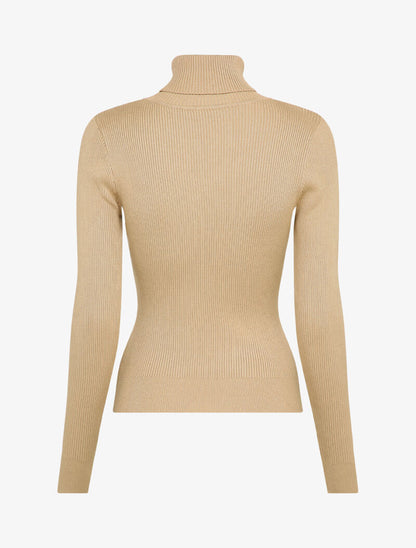 Pull côtelé à col roulé et boutons décoratifs - Beige - 2