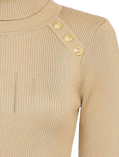 Pull côtelé à col roulé et boutons décoratifs - Beige - 3