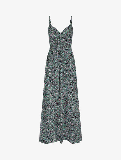 Robe longue à fines bretelles imprimé petites fleurs - Marine - 1