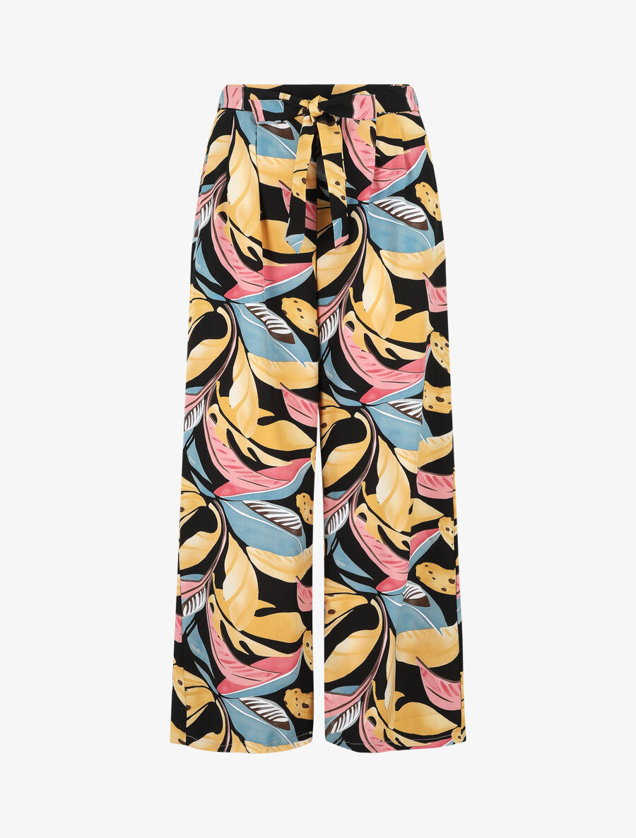 Pantalon élastiqué à imprimé feuillage - Noir - 5