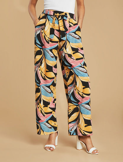 Pantalon élastiqué à imprimé feuillage - Noir - 4