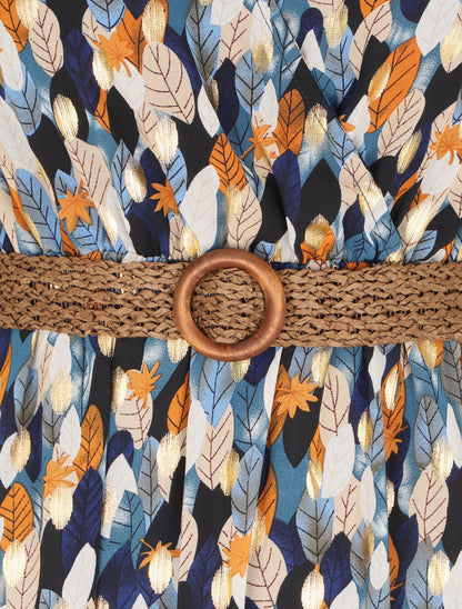 Robe longue à motif feuilles stylisées - Bleu marine - 3