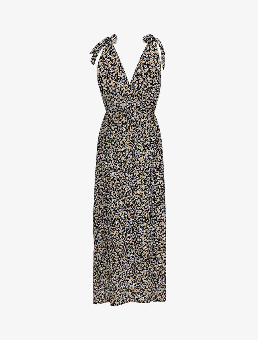 Robe bretelles à noeud imprimé marguerites - Noir - 2