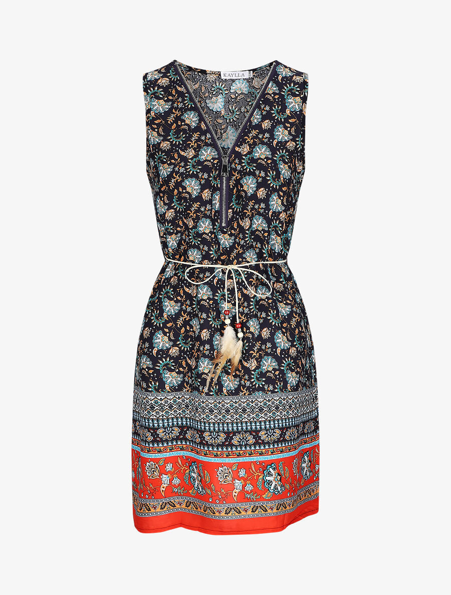Robe mi-longue à imprimé baroque - Marine - 4