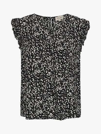 Blouse à imprimé petites fleurs et manches volantées - Noir - 1