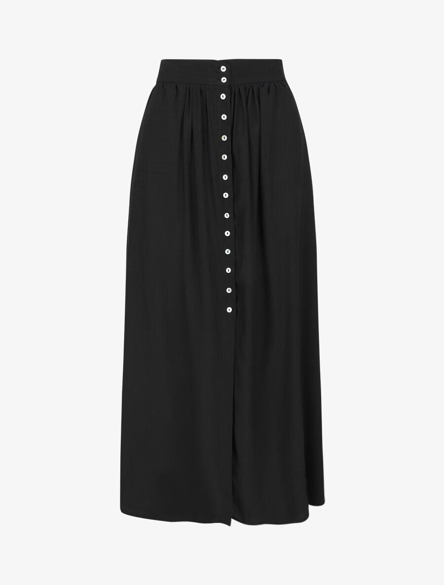 Jupe longue unie boutonnée - Noir - 1