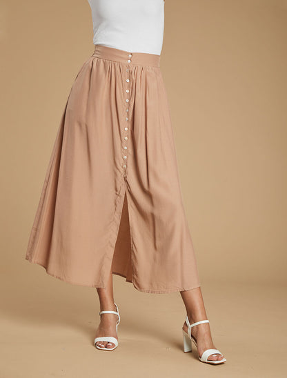 Jupe longue unie boutonnée - Beige - 4