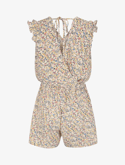 Combishort à imprimé fleuri et liens à nouer au dos - Beige - 2