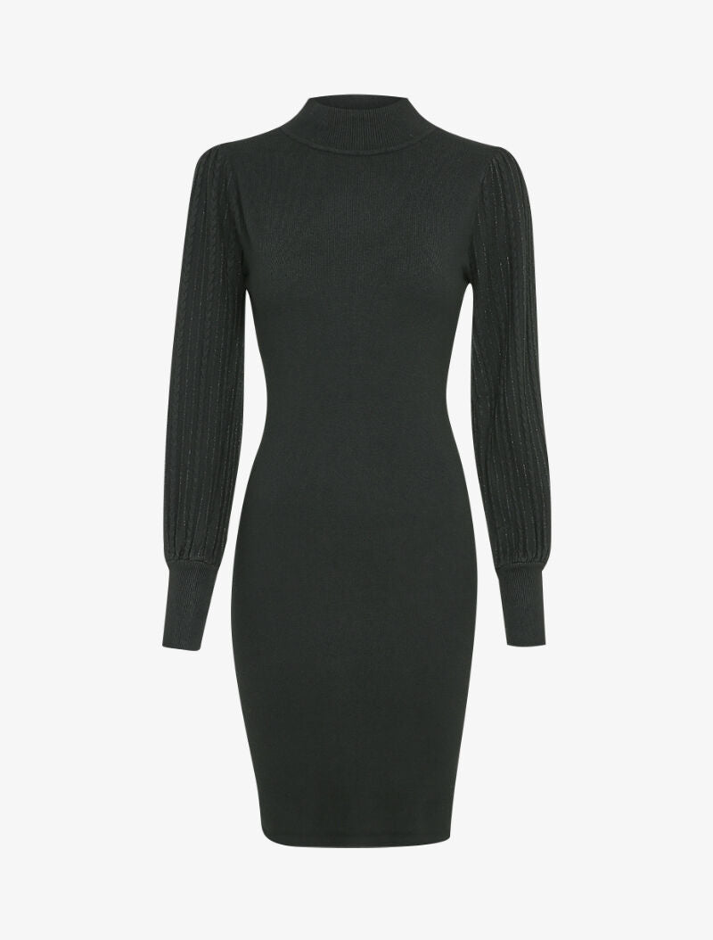 Robe pull à manches bouffantes en maille tressée - Noir - 1