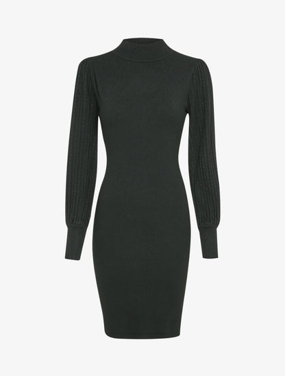 Robe pull à manches bouffantes en maille tressée - Noir - 1