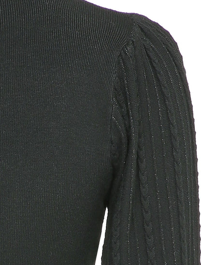 Robe pull à manches bouffantes en maille tressée - Noir - 3