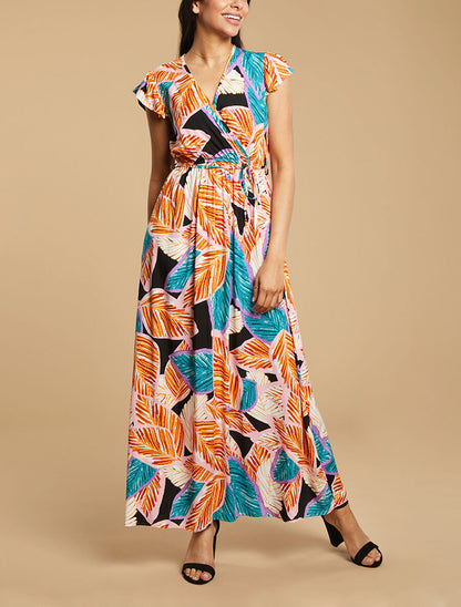 Robe longue coupe empire à imprimé feuillage - Bleu - 1