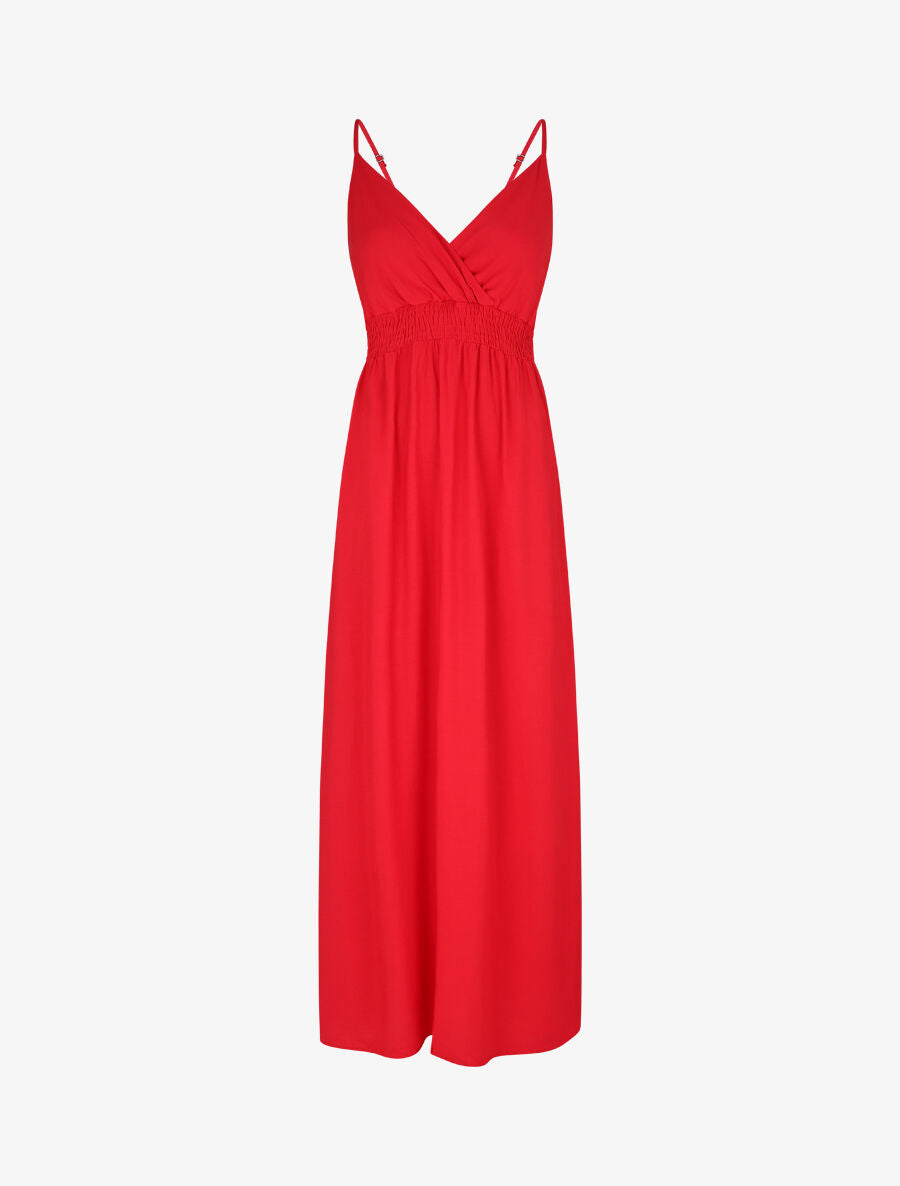 Robe longue unie à taille et dos élastiqués - Rouge - 4
