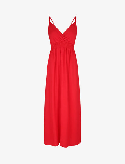Robe longue unie à taille et dos élastiqués - Rouge - 4