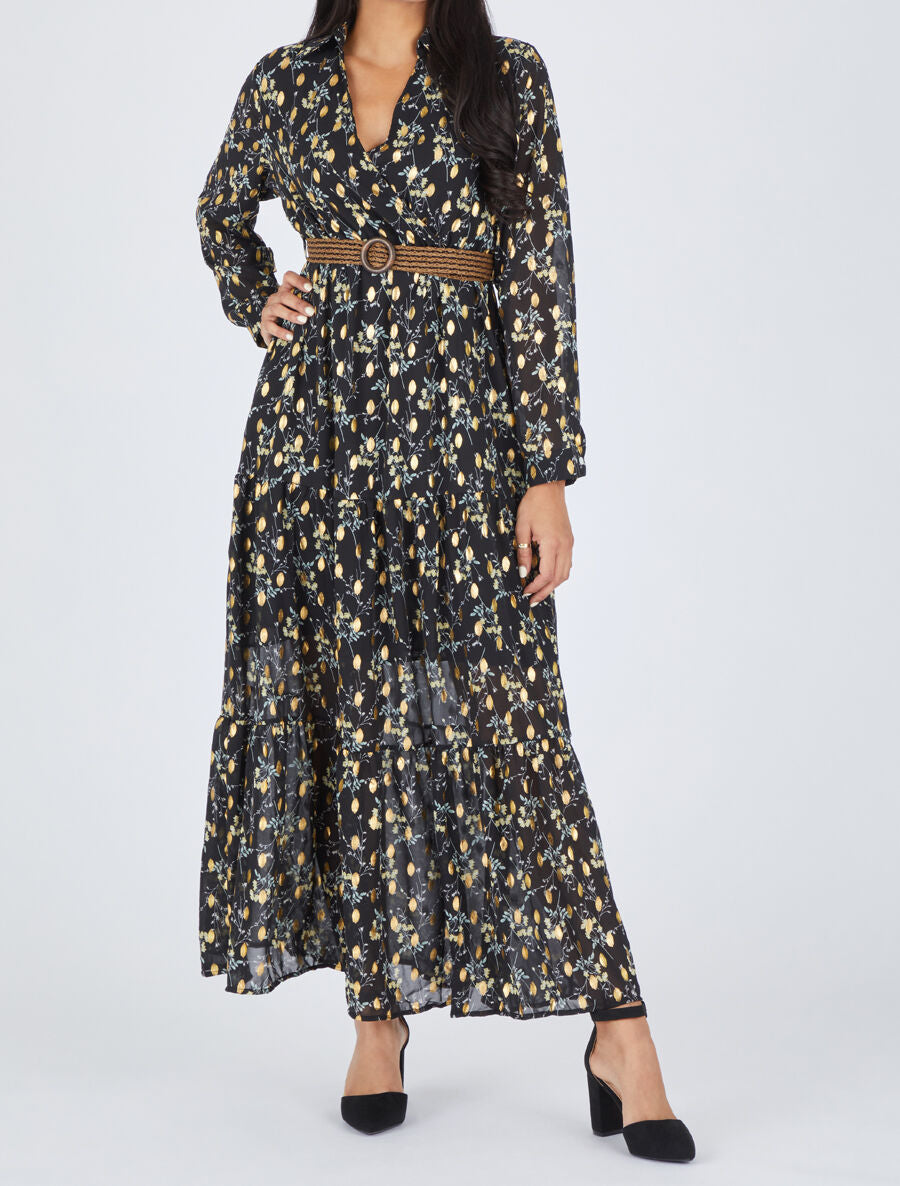 Robe longue en voile imprimé fleuri - Noir - 4