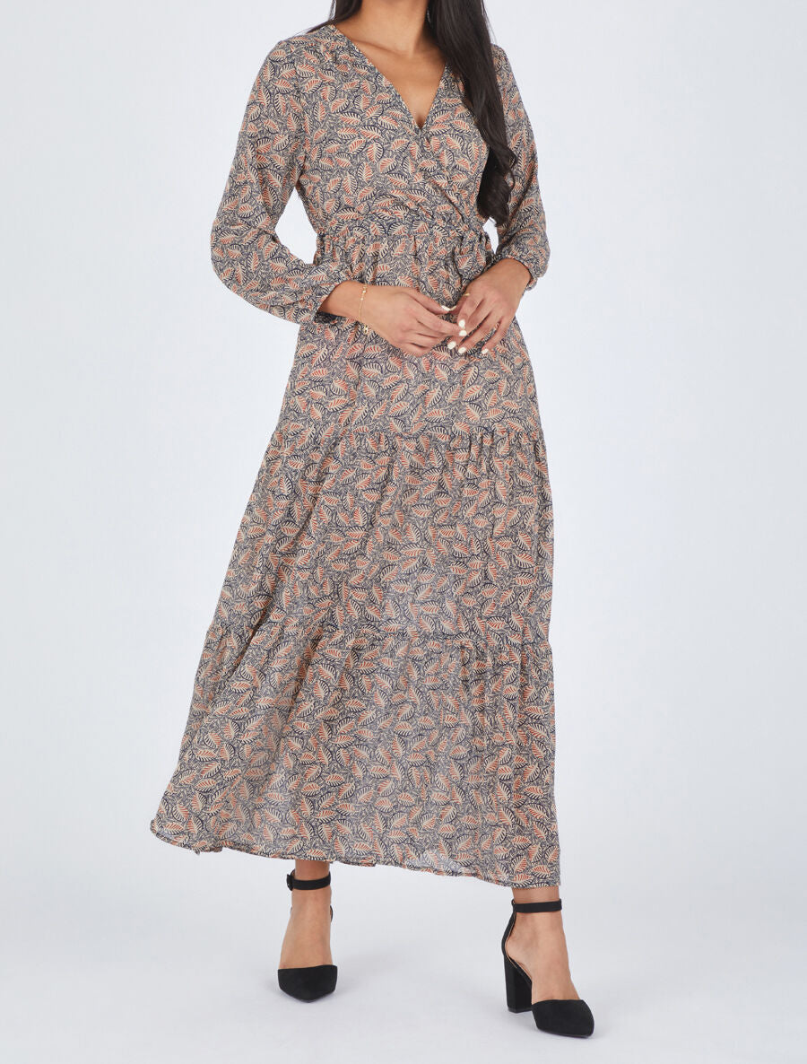 Robe longue en voile imprimé feuilles stylisées - Marine - 4