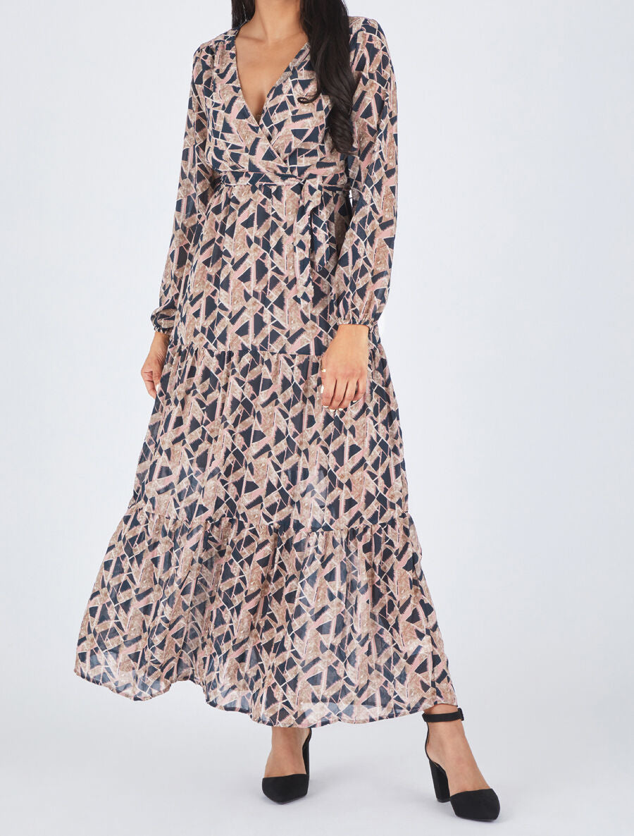Robe longue en voile imprimé graphique - Marine - 4