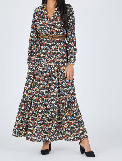 Robe longue imprimé floral - Noir - 4