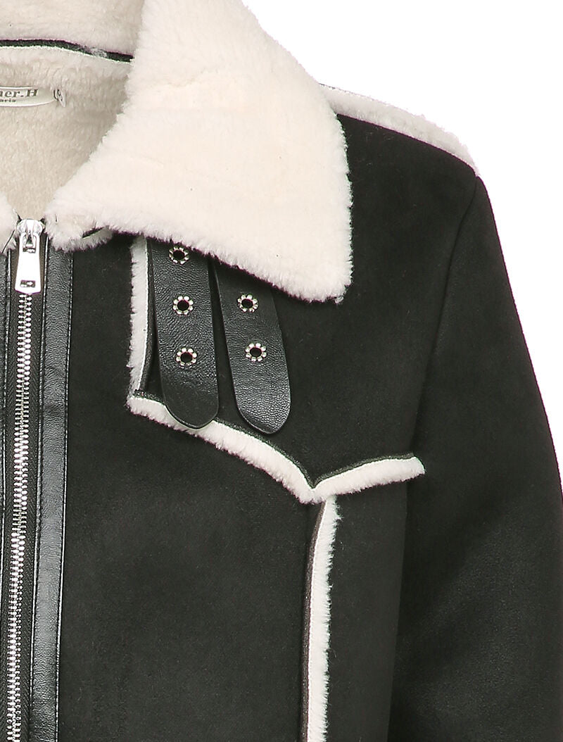 Veste style peau lainée en suédine - Noir - 3