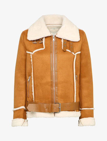 Veste style peau lainée en suédine - Camel - 1