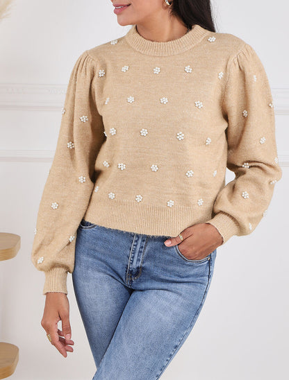 Pull manches ballon et perles - Camel - 4