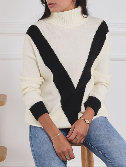 Pull col roulé à motif V - Noir/blanc - 4