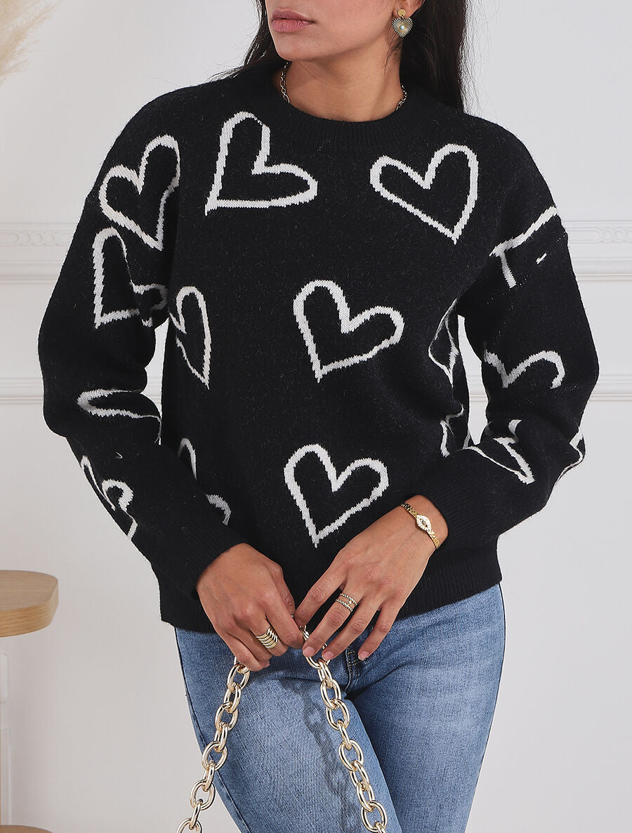 Pull droit à motif coeur - Noir - 4
