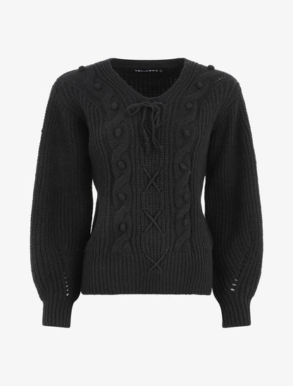 Pull corseté à manches bouffantes - Noir - 1