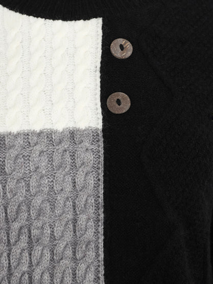Pull col rond à motif quadrillé et boutons décoratifs - Noir - 3