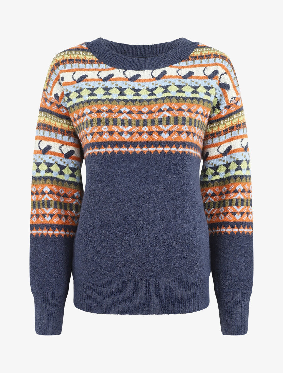 Pull col rond à motif fantaisie - Bleu - 2