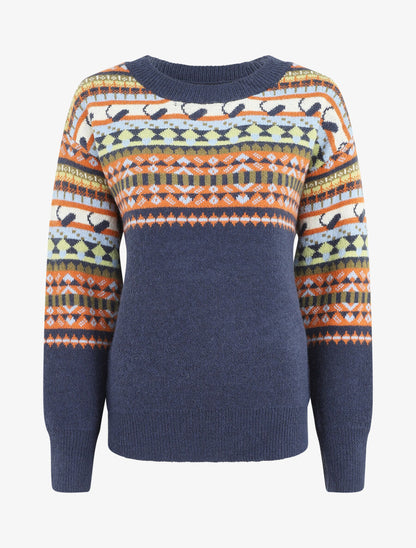 Pull col rond à motif fantaisie - Bleu - 2