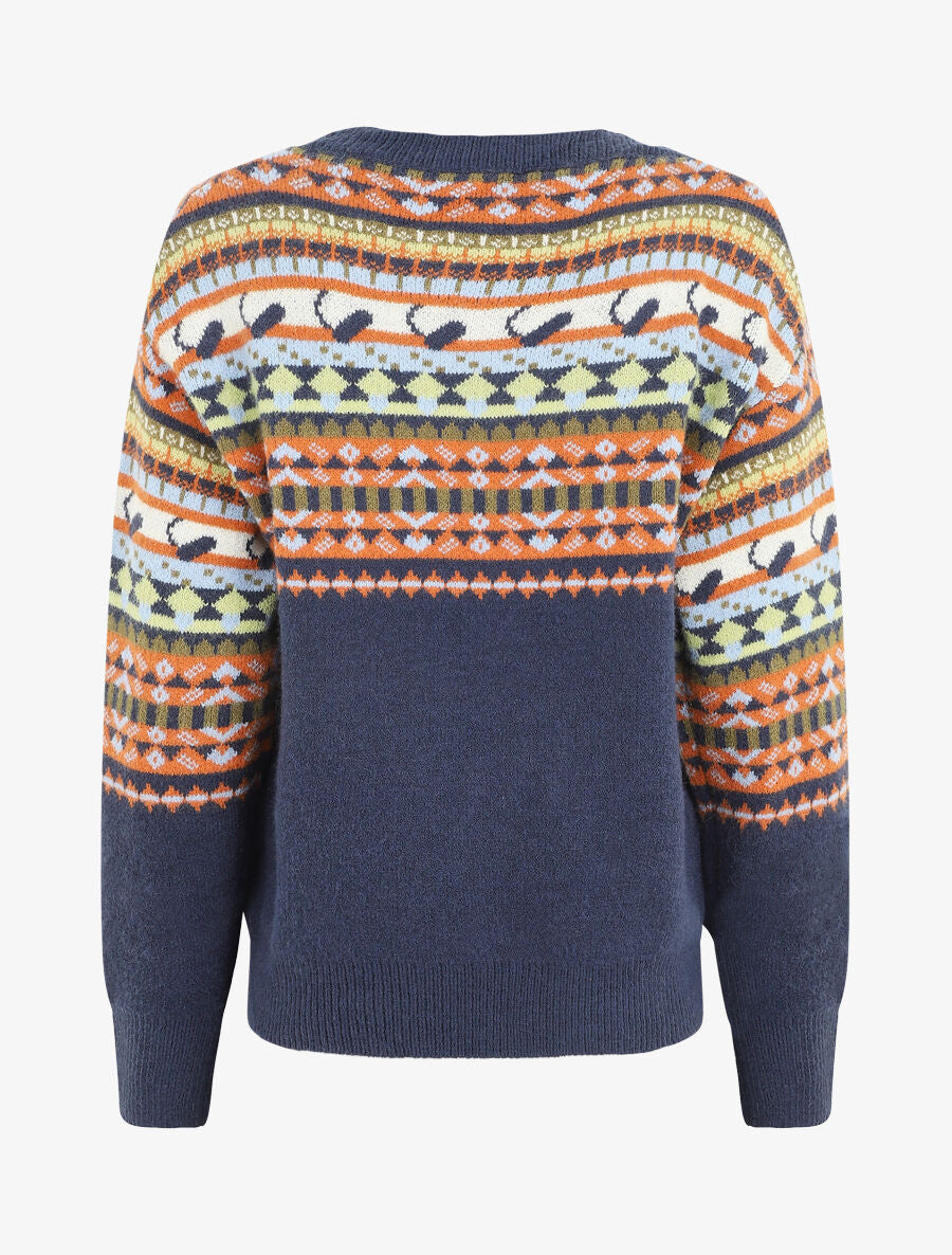 Pull col rond à motif fantaisie - Bleu - 3