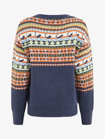 Pull col rond à motif fantaisie - Bleu - 3